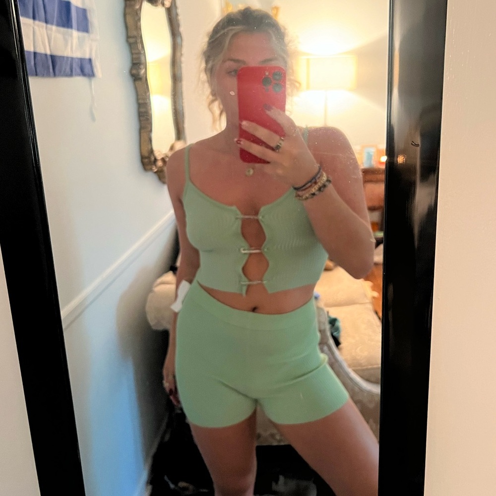 Mint green top and biker short set from a local boutique.